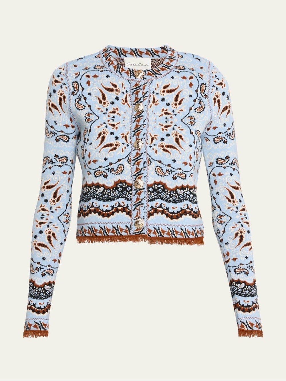 Cara Cara Light Blue Paisley Cropped Cardigan with Brown Trim